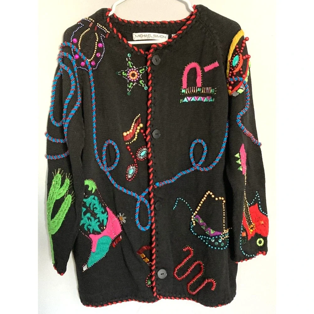 Vintage Michael Simon Cardigan Sweater Womens 1 Black Western Beaded Cowboy 90s